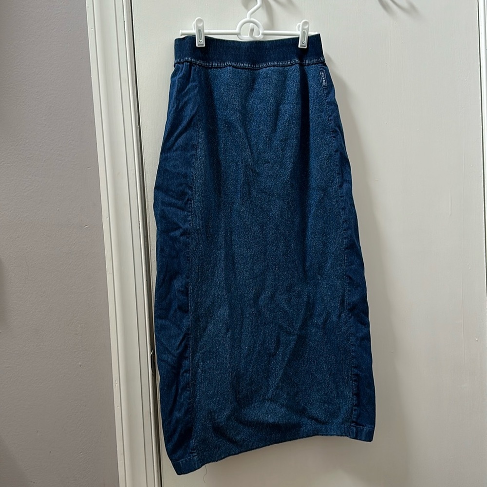 vintage blue willi’s denim/knit maxi skirt